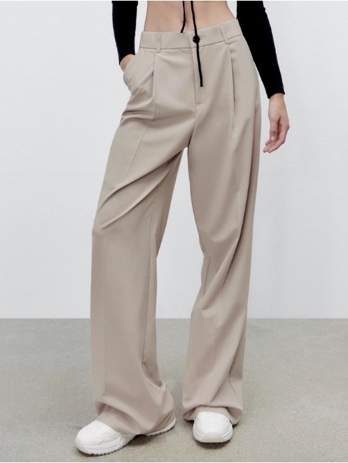 Zara Wide Leg Pleated Trousers In Beige